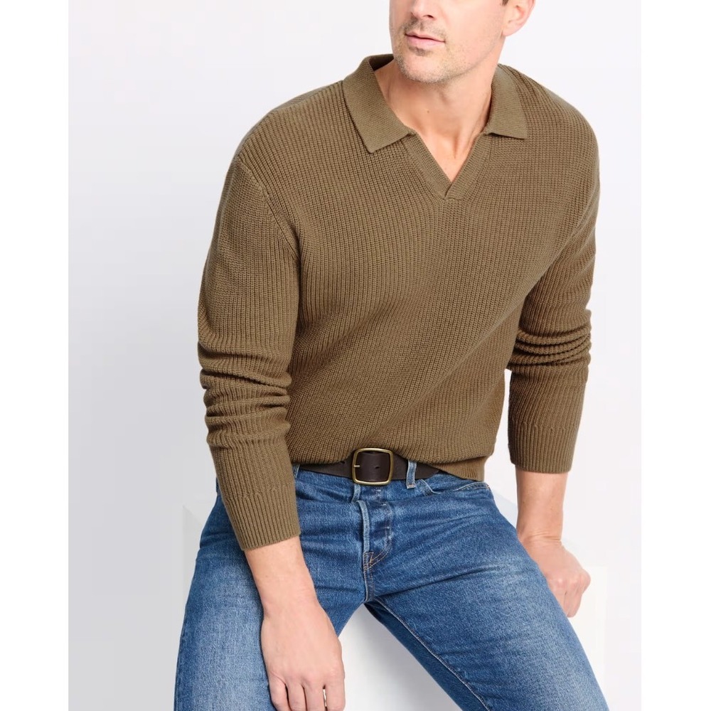 Grayers Shaker Stitch Cotton Polo Sweater Heritage Normcore Preppy Olive Green M